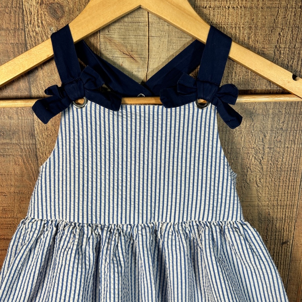 Tahari Girls Blue White Striped Seersucker Anchor Nautical Bow Dress 7 Coastal - Picture 3 of 6